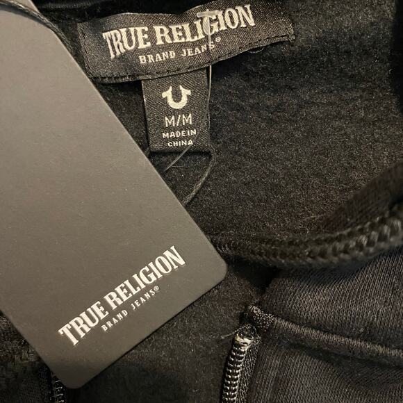 True Religion Y2K College Zip Hoodie Sweatshirt Men M Jet Black Logo Skater NWT - Picture 10 of 11